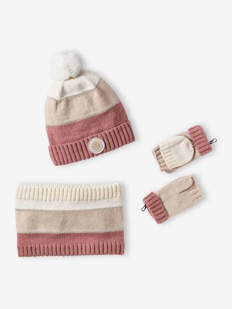 Colourblock Beanie, Snood, Mittens/Fingerless Mitts Set for Girls striped pink 