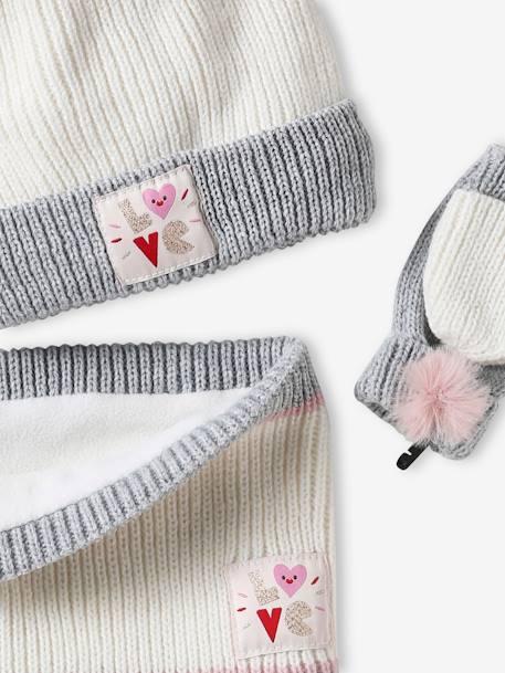 Beanie + Snood + Gloves/Fingerless Mitts 'Love' Set for Girls ecru 