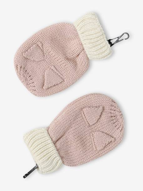 Kitty Beanie + Snood + Mittens Set for Baby Girls pale pink 