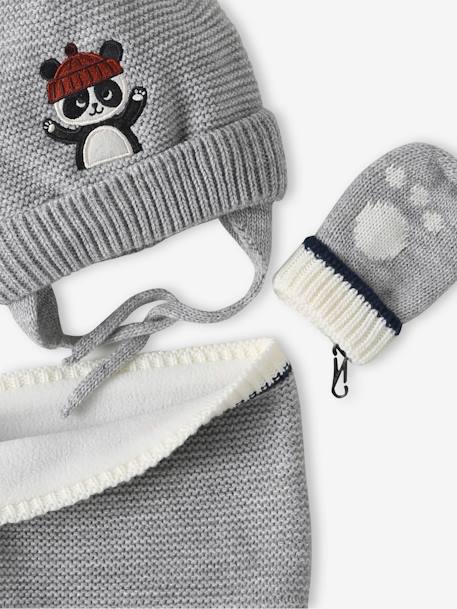 Panda Beanie + Snood + Mittens Set for Baby Boys marl grey 