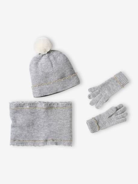 Beanie + Snood + Gloves/Fingerless Mitts Set for Girls marl grey 