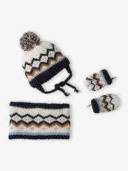 Baby-Jacquard Knit Beanie with Ears + Snood + Mittens Set for Baby Boys