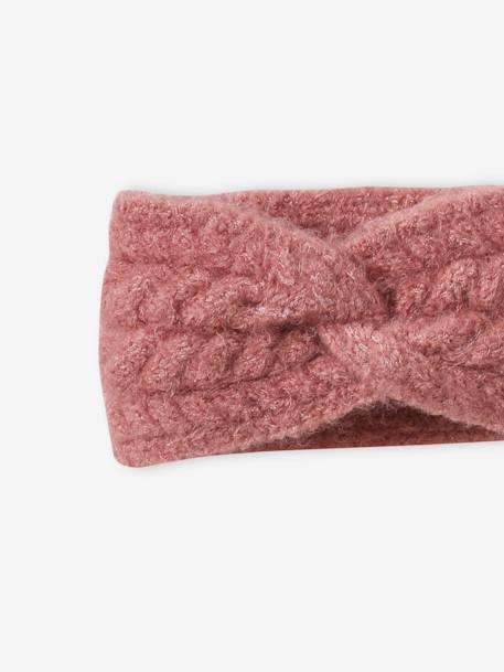 Cable Knit Headband For Girls ecru+old rose 