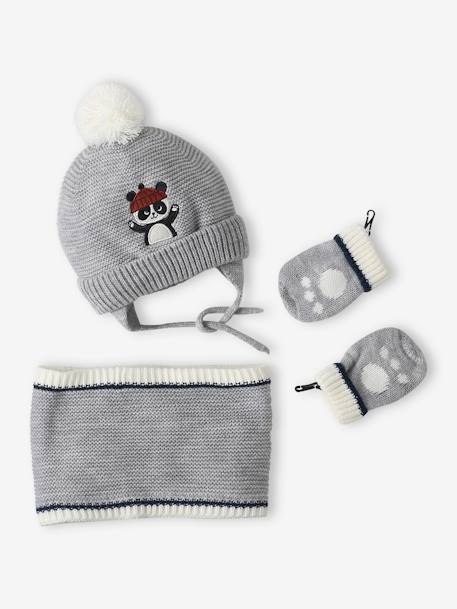 Panda Beanie + Snood + Mittens Set for Baby Boys marl grey 