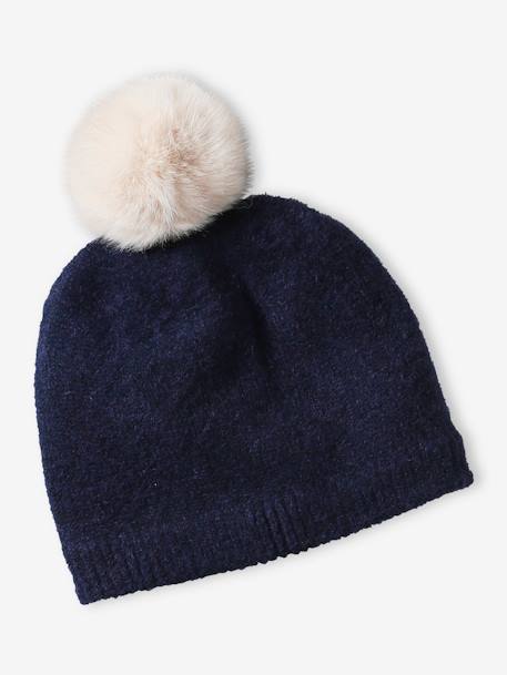 Beanie with Pompom + Scarf Set in Soft Knit for Girls navy blue 