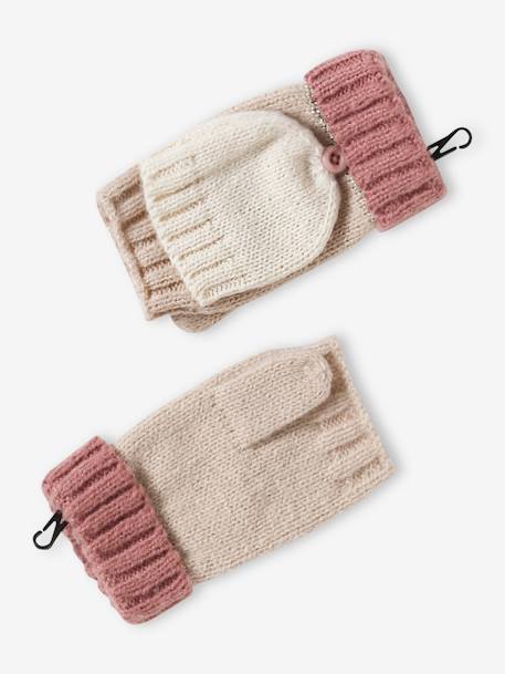 Colourblock Beanie, Snood, Mittens/Fingerless Mitts Set for Girls striped pink 