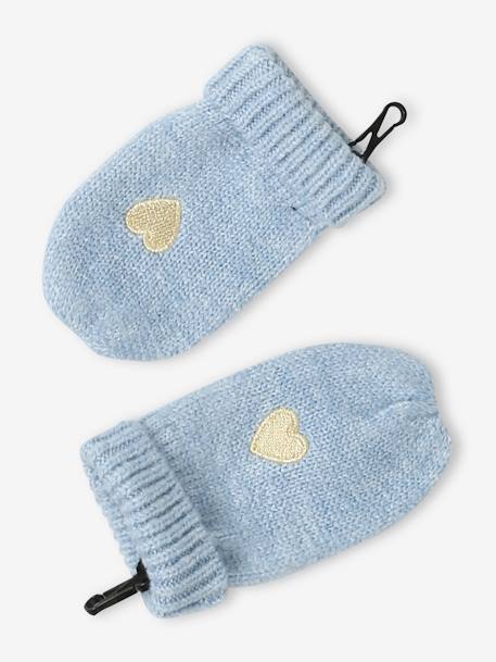 Heart Beanie + Snood + Mittens Set for Baby Girls crystal blue 