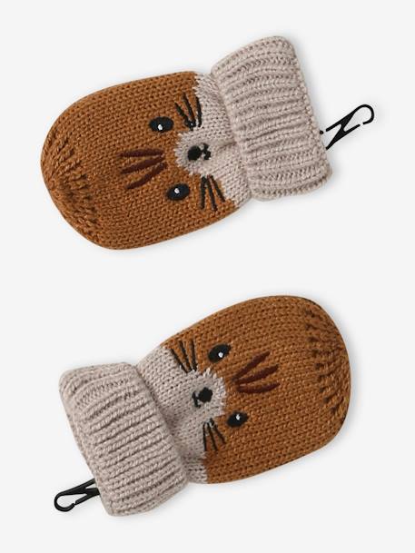 Animal Beanie + Snood + Mittens Set for Babies pecan nut 