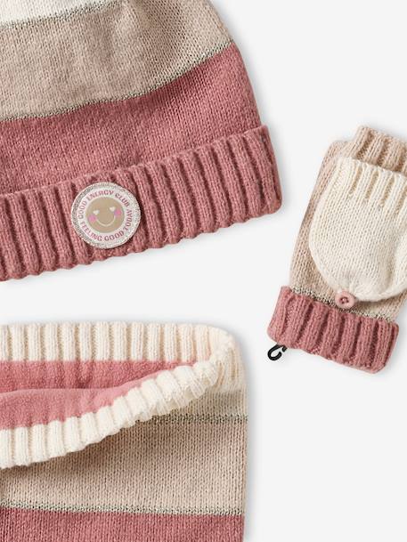 Colourblock Beanie, Snood, Mittens/Fingerless Mitts Set for Girls striped pink 