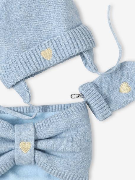 Heart Beanie + Snood + Mittens Set for Baby Girls crystal blue 