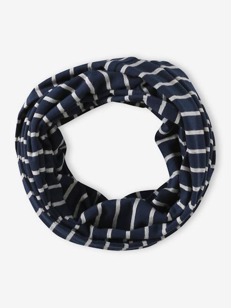 Striped Beanie + Infinity Scarf Set for Boys navy blue+ochre 