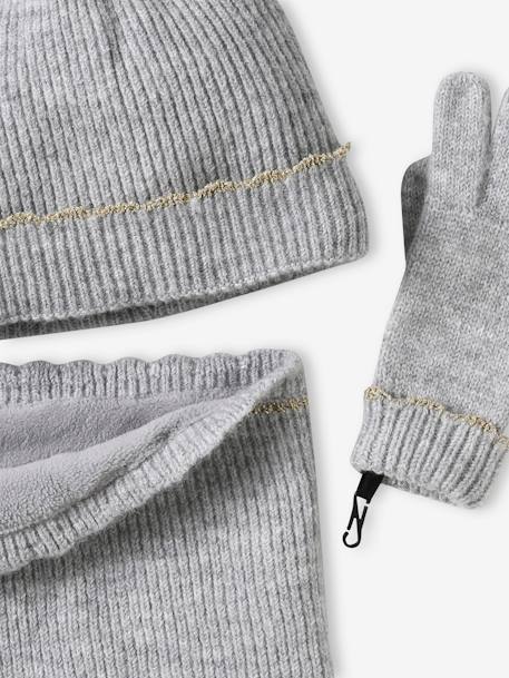 Beanie + Snood + Gloves/Fingerless Mitts Set for Girls marl grey 