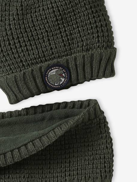 Beanie with Dinosaur Badge + Snood Set for Boys khaki 