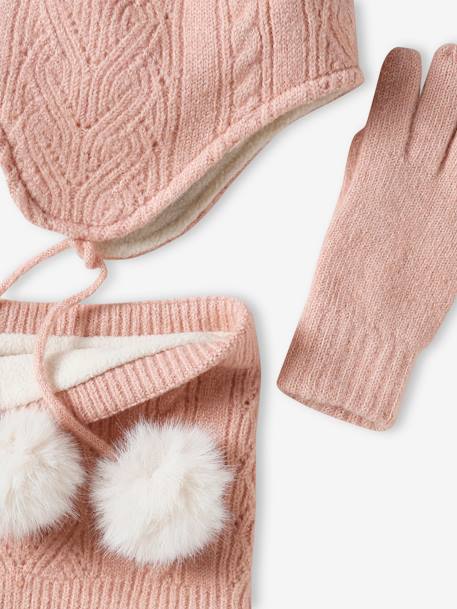 Soft Knit Beanie + Snood + Gloves Set rosy 