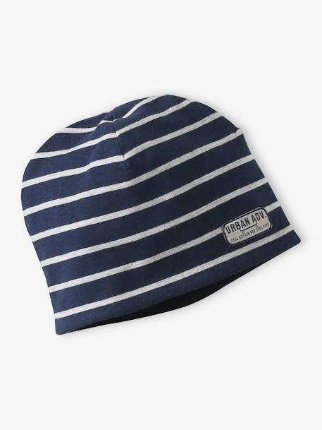 Striped Beanie + Infinity Scarf Set for Boys navy blue+ochre 