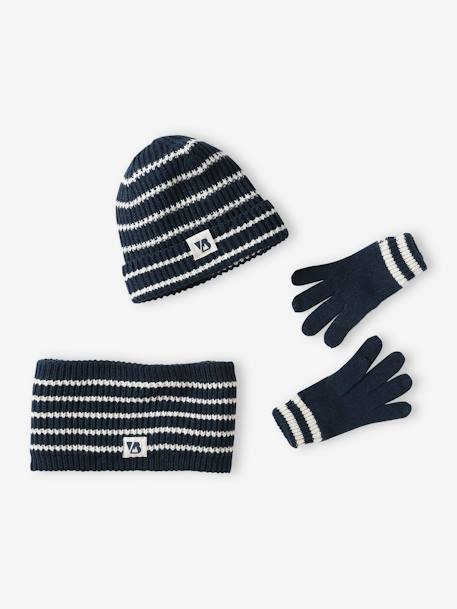 Striped Beanie + Snood + Gloves Set for Boys ink blue 