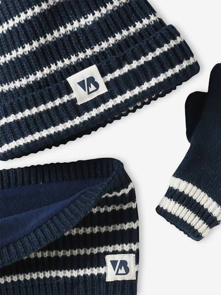 Striped Beanie + Snood + Gloves Set for Boys ink blue 