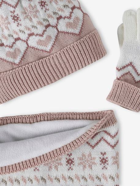 Jacquard Knit Christmas Set: Beanie + Snood + Gloves for Girls rosy 