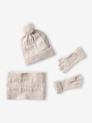 -Beanie + Snood + Mittens Set in Shimmering Cable-Knit