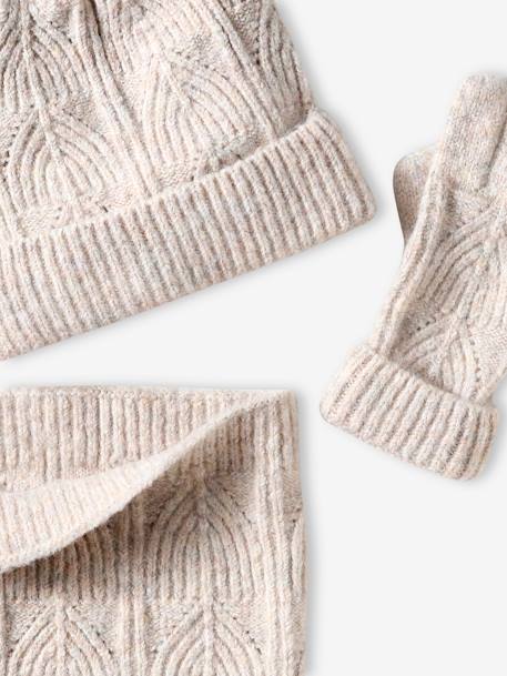 Beanie + Snood + Mittens Set in Shimmering Cable-Knit ecru+grey blue+PINK MEDIUM SOLID 