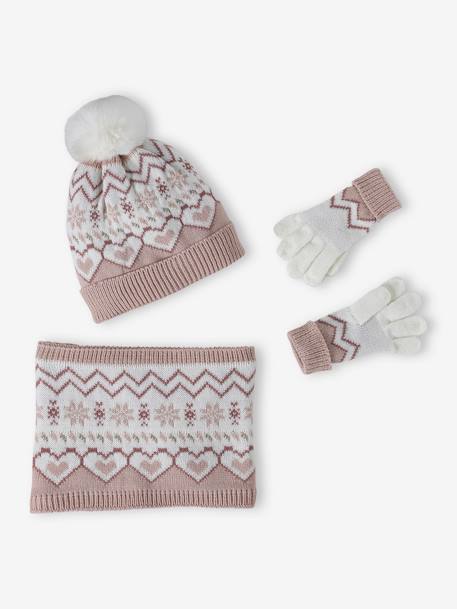 Jacquard Knit Christmas Set: Beanie + Snood + Gloves for Girls rosy 