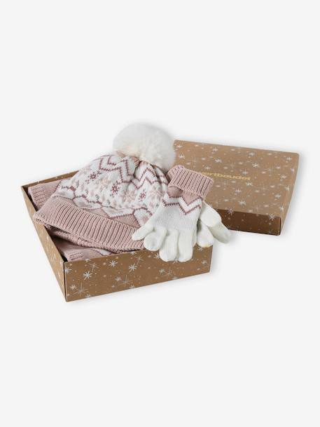 Jacquard Knit Christmas Set: Beanie + Snood + Gloves for Girls rosy 