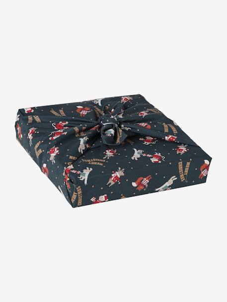 Pack of 2 Furoshiki Wrapping Cloth, Father Christmas's Friends printed blue 