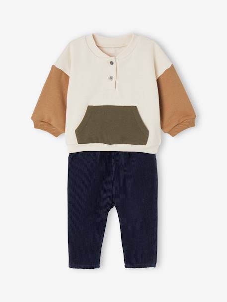 Fleece Sweatshirt + Corduroy Trousers Combo for Babies vanilla+WHITE LIGHT SOLID WITH DESIGN 