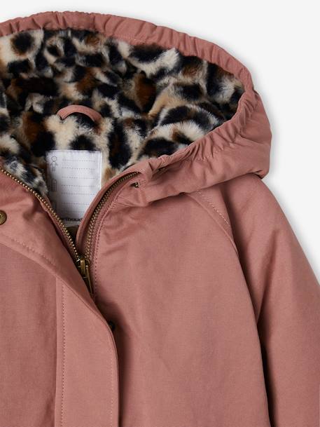 Hooded Parka with Faux Fur Lining for Girls black+dusky pink+green+khaki+old rose 