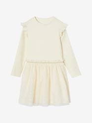 Girls-Dresses-Dual Fabric Christmas Special Dress with Tulle Skirt for Girls