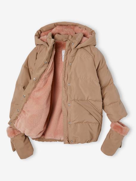 Down Jacket, Detachable Gloves, for Girls cappuccino 