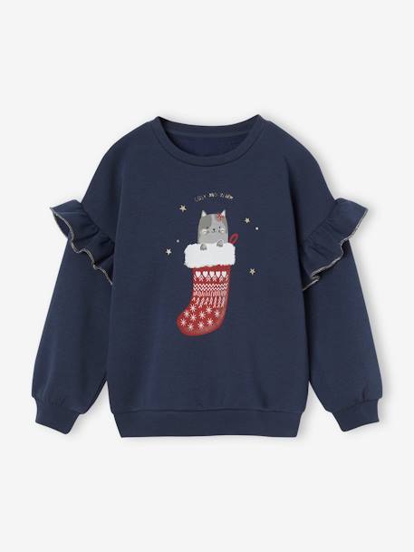 Sweatshirt with Ruffles & Fancy Cat Motifs for Girls navy blue 