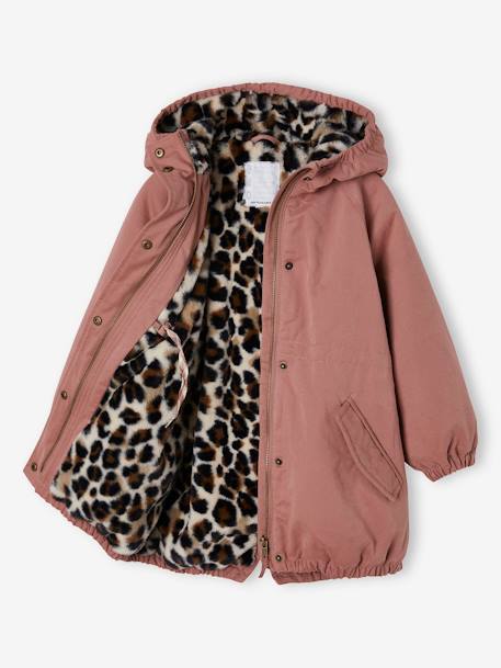 Hooded Parka with Faux Fur Lining for Girls black+dusky pink+green+khaki+old rose 