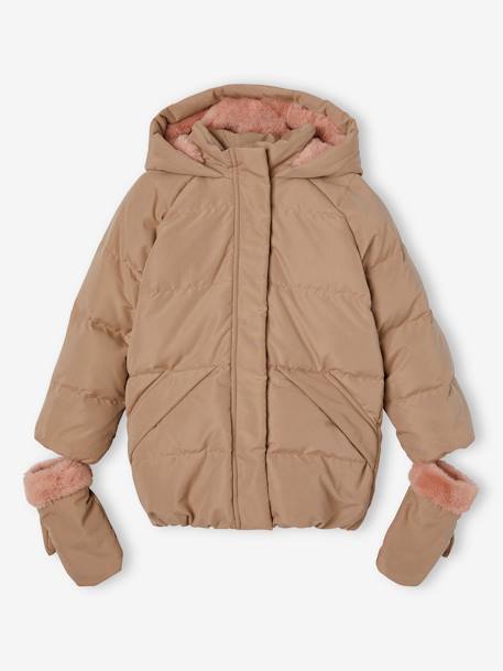 Down Jacket, Detachable Gloves, for Girls cappuccino 