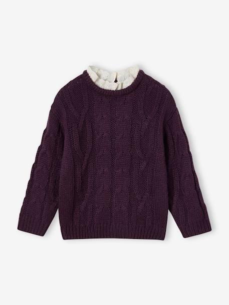 Cable Knit Jumper with Collar in Broderie Anglaise plum 