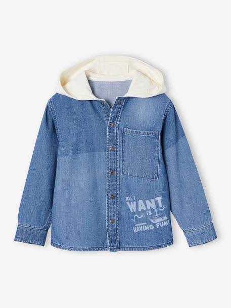 Hooded Denim Shirt with Patches for Boys double stone 