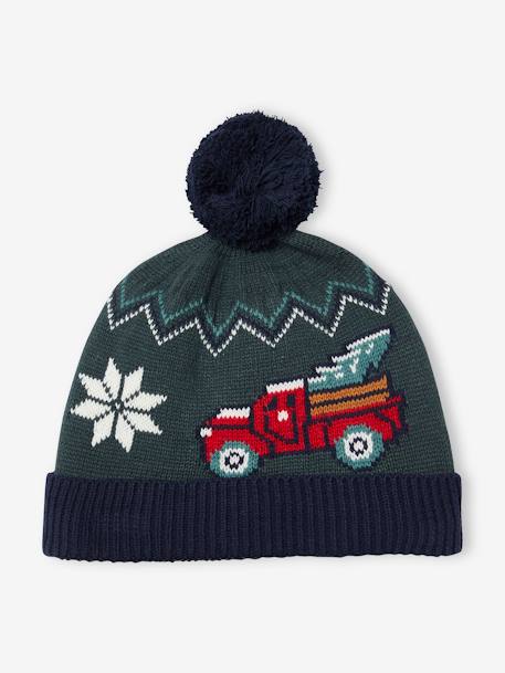 Christmas Gift Box Jacquard Knit Jumper & Matching Beanie  with Pompom for Boys fir green 