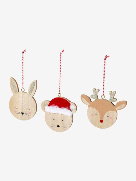 Pack of 6 Wooden Christmas Baubles with Papier-Mâché-Effect wood 