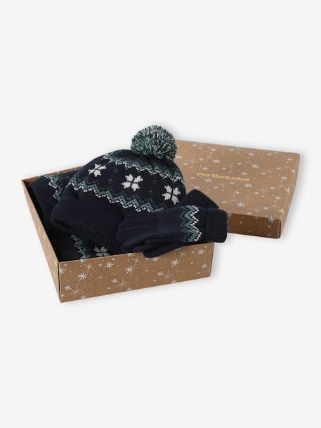 Christmas 'Snowflakes' Set with Beanie + Snood + Gloves/Mittens for Boys navy blue 