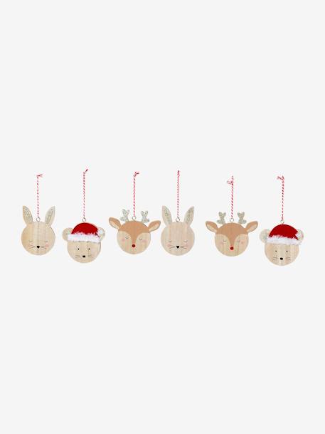 Pack of 6 Wooden Christmas Baubles with Papier-Mâché-Effect wood 