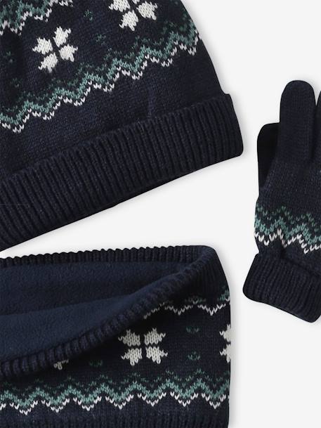 Christmas 'Snowflakes' Set with Beanie + Snood + Gloves/Mittens for Boys navy blue 