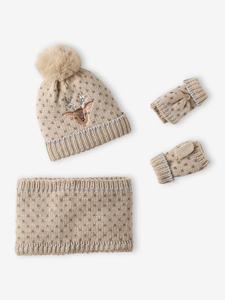 Christmas 'Deer'  Beanie + Snood + Fingerless Gloves Set for Girls golden beige 