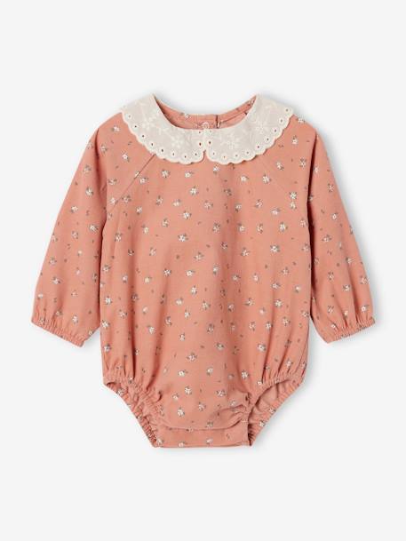 Corduroy Rompers with Floral Print & Broderie Anglaise Collar for Babies rose 