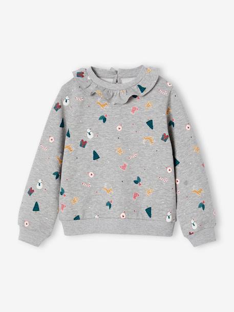 Christmas Sweatshirt with Printed Frilled Collar for Girls marl grey 