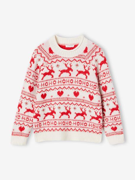 Jacquard Knit Christmas Jumper with Details in Shimmery Yarn for Girls ecru 