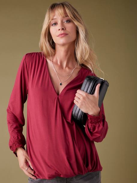 Blouse-Effect Top with Crossover on the Front for Maternity, ENVIE DE FRAISE bordeaux red 