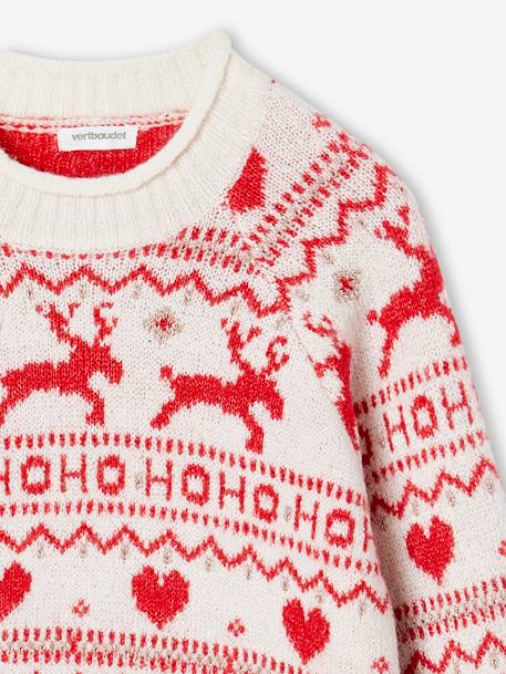 Jacquard Knit Christmas Jumper with Details in Shimmery Yarn for Girls ecru 