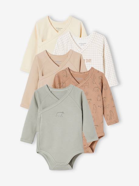 Pack of 5 Long Sleeve Bodysuits in Organic Cotton for Newborn Babies beige 