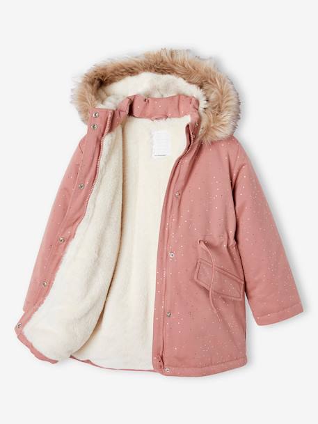 Glittery Parka Lined in Faux Fur, for Girls blush+emerald green 