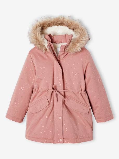 Glittery Parka Lined in Faux Fur, for Girls blush+emerald green 